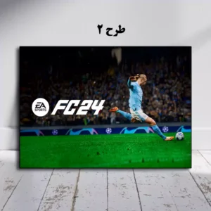 تابلو شاسی EA SPORTS FC 24 با تصویر فوتبالیست در حال ضربه به توپ در زمین فوتبال